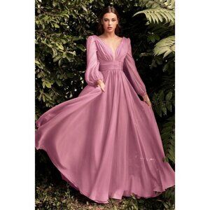 Cinderella Mauve Pink Long Sleeve V-Neck Chiffon Wedding Dress